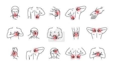 Human body pain sketch set. Ache in head, neck, shoulder, knee, chest, abdomen, wrist, back, elbow. Arthritis and rheumatism, joint pain illustration. Vector illustration isolated on white background