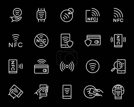 Set of NFC payment icons. Wireless pay, near field communication, NFC, contactless payment and more. Isolated on black background.