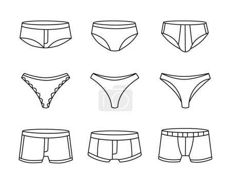 Unterhosen umreißen das Skizzenset. Unterhosen für Frauen und Männer. Persönliche Unterwäsche. Klassische Boxer, Badehose, Bikini, String, String. Symbole der Bademodenlinie isoliert auf weißem Hintergrund