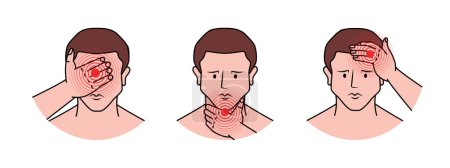 Illustration for Head, throat and neck pains illustration. Human head pain sketch set. Ache in different part of human body set. Vector illustration isolated on white background - Royalty Free Image