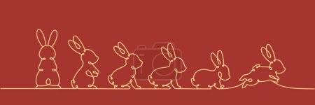 Rabbit one line drawing. Hare continuous one line illustration. Year of the Rabbit 2023. Vector illustration. Isolated on red background