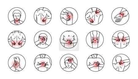 Dolores del cuerpo humano en conjunto círculo. Artritis y reumatismo, ilustración del dolor articular. Ache en cabeza, cuello, hombro, rodilla, pecho, muñeca, espalda, codo. Ilustración vectorial aislada sobre fondo blanco