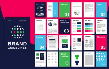 Illustration for Multicolored Brand Guidelines template. Corporate identity presentation in A4 size. Logo Guideline template. Logo Guide Book. Logotype presentation for internet company. - Royalty Free Image