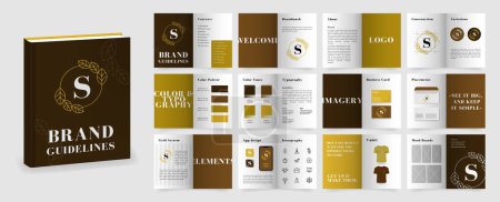 Illustration for Brown and Gold Brand Guidelines template. Brand Manual presentation in A4 size. Logo Guideline mockup. Logo Guide Book layout. Logotype presentation template for beauty company - Royalty Free Image