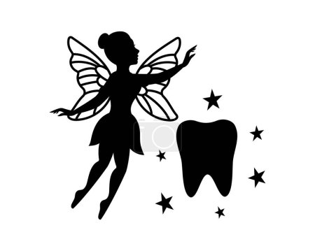 Illustration for Fairy with tooth logo. Mythical tale character silhouette. Little creature with wings. Magical fairy in dress isolated on white background. - Royalty Free Image