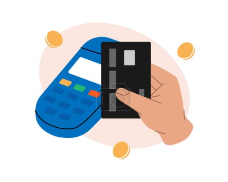 Illustration for Credit card payment with POS terminal. Mobile banking app and e-payment. Paying by NFC function. Mobile payment. Wireless contactless NFC payments. Vector in flat style illustration - Royalty Free Image