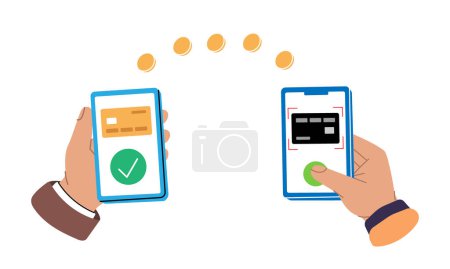 Ilustración de Mobile payment transfer. Mobile banking app and e-payment. People sending and receiving money wireless contactless NFC payments. Near Field Communication. Vector in flat style illustration - Imagen libre de derechos