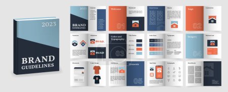 Illustration for Blue and Orange Brand Guidelines template. Brand Manual presentation in A4 size. Logo Guideline mockup. Logo Guide Book layout. Logotype presentation template for construction company - Royalty Free Image