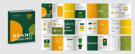 Illustration for Green and Orange Brand Guidelines template. Brand Manual presentation in A4 size. Logo Guideline mockup. Logo Guide Book layout. Logotype presentation template for agro company. - Royalty Free Image