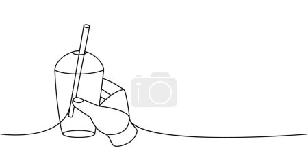 Hand with disposable plastic cup one line continuous drawing. Empty glass or plastic bottle continuous one line illustration. Vector linear illustration. Isolated on white background