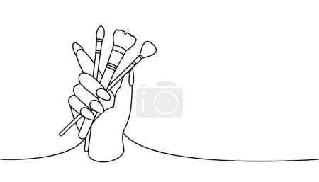 Illustration for Hand holding makeup brushes, hand with beauty brushes one line continuous drawing. Makeup and beauty tools continuous one line illustration. Vector linear illustration. Isolated on white background - Royalty Free Image