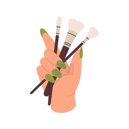 Ilustración de Mano sosteniendo pinceles de maquillaje, mano con icono de pinceles de belleza. Maquillaje y herramientas de belleza silueta. Ilustración vectorial. Aislado sobre fondo blanco - Imagen libre de derechos