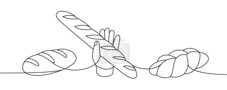Illustration for Set of bakery products one line continuous drawing. Wheat bread, challah, braided bread continuous one line illustration. Vector minimalist linear illustration. Isolated on white background - Royalty Free Image