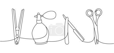 Illustration for Set of barber shop tools one line continuous drawing. Hair straightener, perfume sprayer, sharp razor blade, hairdresser scissors continuous one line illustration. Vector linear illustration. - Royalty Free Image