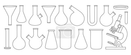 Illustration for Laboratory glassware outline set. Chemical and medicine lab measuring equipment. Conical flask, glass beaker, round bottom flask, filter funnel, U tube, graduated cylinder, microscope. - Royalty Free Image