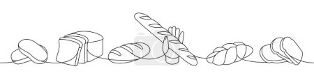 Illustration for Fresh breads one line continuous drawing. Wheat bread, braided bread, ciabatta, french baguette continuous one line illustration. Vector minimalist linear illustration. Isolated on white background - Royalty Free Image