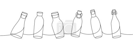 Glass bottles one line continuous drawing. Empty glass bottles continuous one line illustration. Vector linear illustration. Isolated on white background
