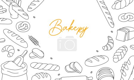 Illustration for Bakery products horizontal outline banner. Breads and pastry menu illustration. Wheat bread, pretzel, ciabatta, croissant, french baguette. Isolated on white background. - Royalty Free Image