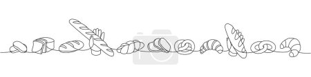 Illustration for Set of breads one line continuous drawing. Wheat bread, pretzel, ciabatta, croissant, braided bread, french baguette continuous one line illustration. Vector minimalist linear illustration. - Royalty Free Image