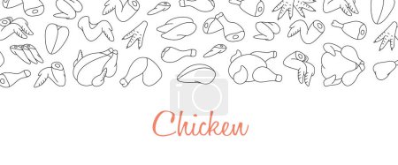 Illustration for Chicken meats shop banner. Fresh chicken parts horizontal background. Chicken farming products. Whole chicken, brisket wing, carcass, fillet, ham, leg, breast, shank, drumstick. Vector illustration. - Royalty Free Image