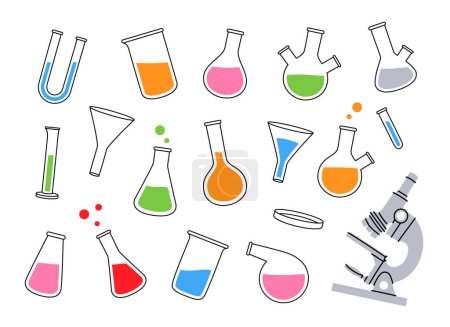 Illustration for Laboratory glass equipment. Chemical and medicine lab measuring equipment. Conical flask, glass beaker, U tube, round bottom flask, filter funnel, graduated cylinder, microscope. Vector illustration. - Royalty Free Image