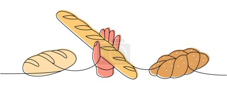 Illustration for Set of bakery products one line colored continuous drawing. Wheat bread, challah, braided bread continuous one line illustration. Vector minimalist linear illustration. Isolated on white background - Royalty Free Image