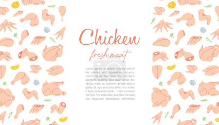 Illustration for Chicken meats banner. Chicken menu design. Chicken farming products. Whole chicken, brisket wing, carcass, fillet, ham, leg, breast, shank, drumstick. Vector illustration. Isolated on white background - Royalty Free Image