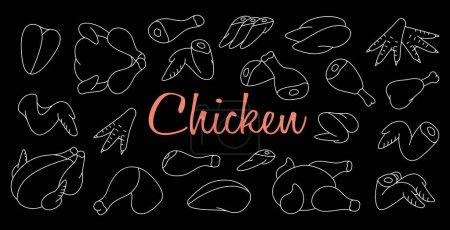 Ilustración de Trozos de carne de pollo. Carnicería. Productos de cría de pollos. Pollo entero, ala de brisket, carcasa, filete, jamón, pierna, pechuga, caña, muslo. Ilustración vectorial. Aislado sobre fondo negro - Imagen libre de derechos