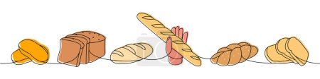 Illustration for Fresh breads one line colored continuous drawing. Wheat bread, braided bread, ciabatta, french baguette continuous one line illustration. Vector linear illustration. Isolated on white background - Royalty Free Image