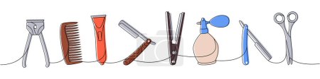 Illustration for Set of barber shop tools one line colored continuous drawing. Old and electric clipper, hair comb, sharp razor blade, hair straightener, perfume, hairdresser scissors continuous one line illustration. - Royalty Free Image