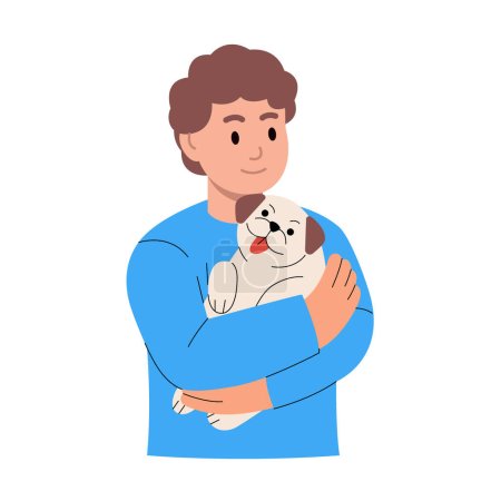 Adolescente abrazando pequeña mascota perro. Chico sonriente acariciando animales domésticos. Amistad entre niño y mascota. Lindo perro amigable. Ilustración vectorial. Aislado sobre fondo blanco.