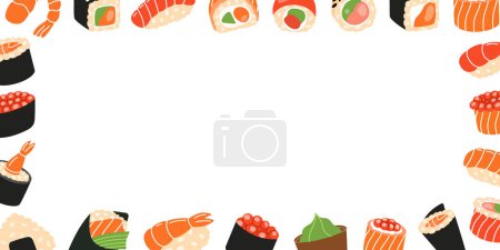 Téléchargez les illustrations : Les sushis aux fruits de mer roulent en bannière horizontale. Cuisine japonaise, cuisine traditionnelle. Sushi Ikura, tobiko maki, rouleau de philXoa, onigiri, nigiri aux crevettes, rouleau de thon tekkamaki, futomaki, temaki saké - en licence libre de droit