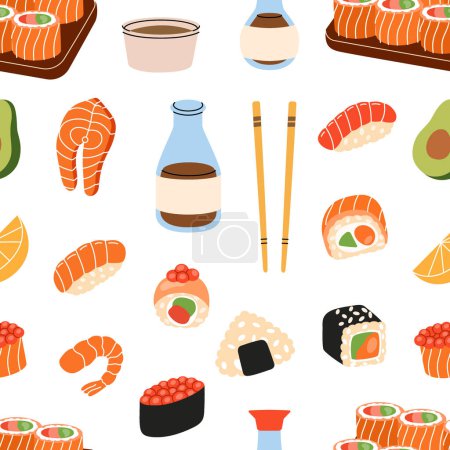 Wzór sushi. Sushi i bułki bez szwu. Tobiko maki, philadelphia roll, onigiri, krewetki nigiri, tekkamaki tuńczyk roll, futomaki, sake temaki, miska sojowa, vasabi.