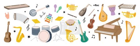 Ilustración de Kit de instrumentos musicales. Conjunto de escuela musical. Tuba, trompeta, flauta de tambor, cuerno francés, laúd, violín, bajo eléctrico, guitarra acústica. Ilustración vectorial. Aislado sobre fondo blanco - Imagen libre de derechos