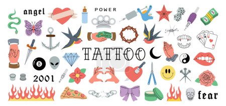 Illustration for Set of old school tattoos. Various old school tattoos. Swallow, rose, heart, knife, anchor, skull, hands, flowers, snake. Vector illustration. Isolated on white background - Royalty Free Image
