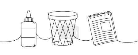 Illustration for School supplies. Back to school one line continuous drawing. Bottle of glue, trash can, notebook continuous one line illustration. Vector minimalist linear illustration. Isolated on white background. - Royalty Free Image