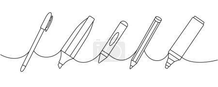 Illustration for School supplies set. Back to school one line continuous drawing. Marker pens, pencils, chalk pencil, crayons continuous one line illustration. Isolated on white background. - Royalty Free Image