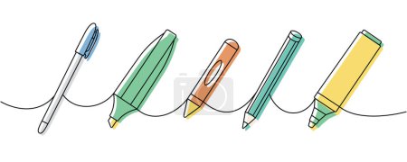 Illustration for School supplies set. Back to school one line colored continuous drawing. Marker pens, pencils, chalk pencil, crayons continuous one line illustration. Isolated on white background. - Royalty Free Image