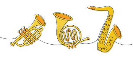 Ilustración de Instrumentos musicales de viento de una línea de dibujo continuo de color. Tuba, trompeta, cuerno francés, saxofón ilustración continua de una línea. Ilustración lineal vectorial. Aislado sobre fondo blanco - Imagen libre de derechos
