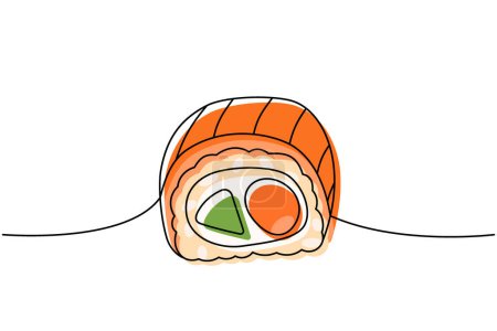 Philadelphia sushi roll one line colored continuous drawing. Japanese cuisine, traditional food continuous one line illustration. Vector linear illustration. Isolated on white background