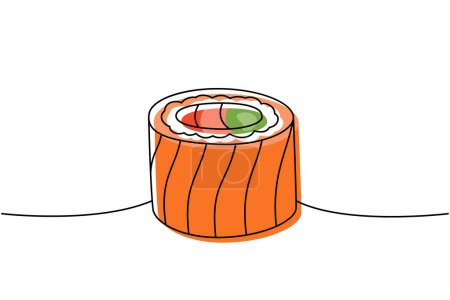 Philadelphia sushi roll one line colored continuous drawing. Japanese cuisine, traditional food continuous one line illustration. Vector linear illustration. Isolated on white background
