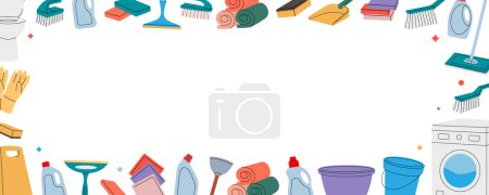 Cleaning tools in horizontal banner. Toilet bowl, floor mop, bucket, plunger, scoop, sponges, brushes, cleaners, towels, rags, gloves. Housekeeping service. Isolated on white background.
