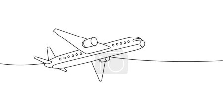 Flugzeug, Passagierflugzeug eine Linie ununterbrochene Zeichnung. Unterschiedlicher Lufttransport durchgängig eine Linie Illustration. Vektor minimalistische lineare Illustration. Isoliert auf weißem Hintergrund