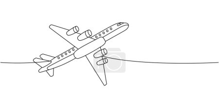 Düsenflugzeug, Passagierflugzeug eine Linie ununterbrochene Zeichnung. Unterschiedlicher Lufttransport durchgängig eine Linie Illustration. Vektor minimalistische lineare Illustration. Isoliert auf weißem Hintergrund