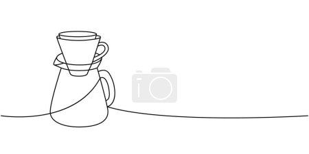 Cafetière avec filtre en papier dessin continu d'une ligne. Éléments dessinés à la main pour menu de café, café. Illustration vectorielle linéaire. Isolé sur fond blanc