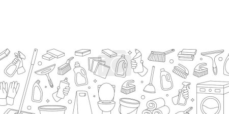 Banner de limpieza. Tazón de inodoro, lavadora, fregona, cubo, émbolo, cuchara, esponjas, paños, cepillos. Equipo de servicio de limpieza. Ilustración vectorial. Aislado sobre fondo blanco.