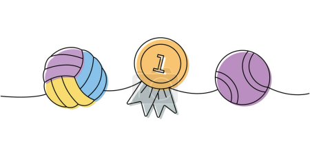 Set of pet supplies. Dog ball toy, first place medal, tennis ball, pet toy continuous one line illustration. Vector linear illustration. Isolated on white background