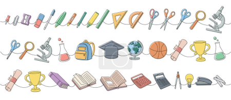 School accessories one line colored continuous drawing. Back to school. Notebook, microscope, test tube, pencil, paper clip, eraser, diploma, trophy, schoolbag, globe, scissors, ruler scale