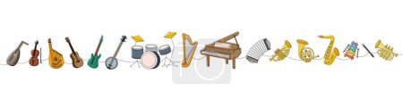 Set of musical instruments. Lute, violin, bandura, acoustic guitar, american banjo, drum kit, lyre, wooden harp, grand piano, accordion, tuba, trumpet, french horn, saxophone, wooden xylophone, flute.