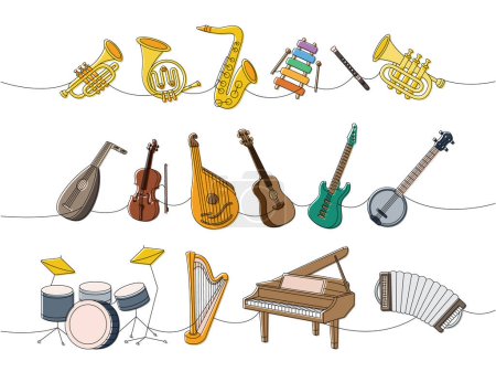 Ensemble d'instruments de musique. Tuba, trompette, cor français, saxophone, xylophone, flûte, luth, violon, bandura, guitare acoustique, banjo américain, batterie, lyre, harpe en bois, piano à queue, accordéon.